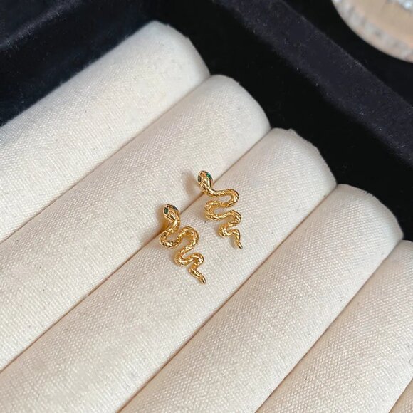 3/$35 Modern Gold Tone Snake Dangle Stud Earrings Copper Zircon Inlay Jewelry - Picture 4 of 7